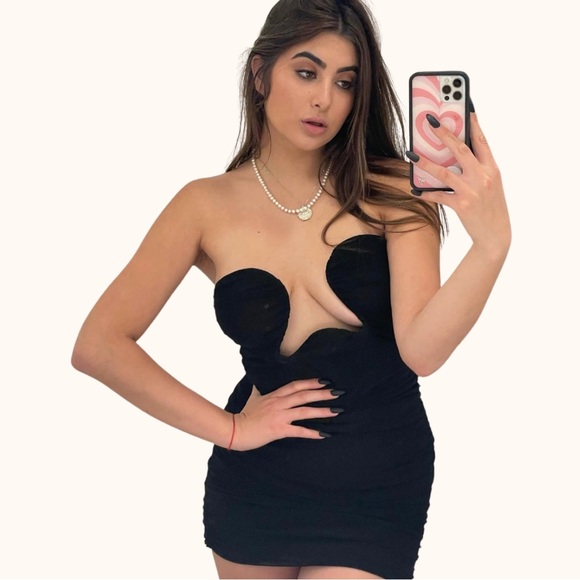 Maison Femalien | Ella Strapless Ruched Mesh Little Black Mini Dress Size M - Picture 2 of 12